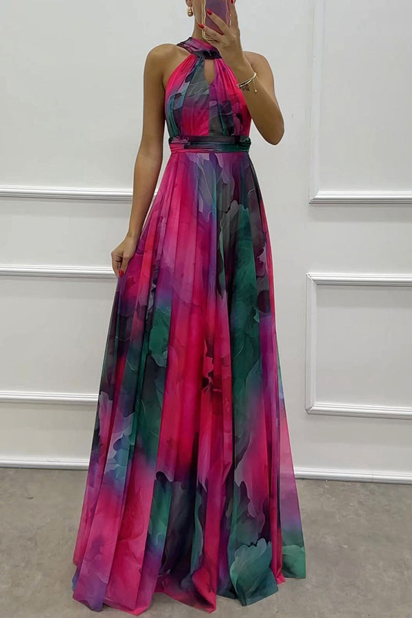 Elaine - Tulle Floral Splash Print Cutout Halter Tie-up Neck Gown Maxi Dress