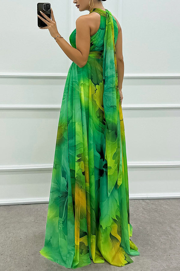 Elaine - Tulle Floral Splash Print Cutout Halter Tie-up Neck Gown Maxi Dress