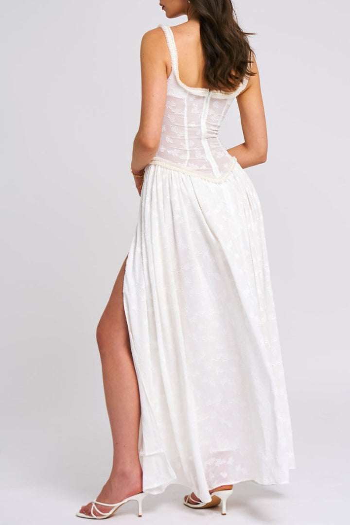 Ulissa- Soft Green Jacquard High Slit Square Neck Maxi Dress