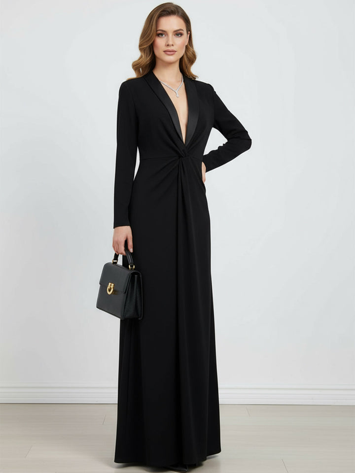 Kara - Long Sleeve Skinny Solid Color Deep V-Neck Maxi Dress