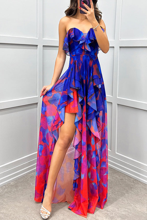 Georgia - Gradient Unique Print Flowing Layered Ruffles Strapless Slit Maxi Dress