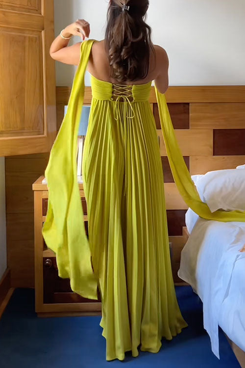 Katrina – Off-the-shoulder maxi dress with lacing and pleated skirt