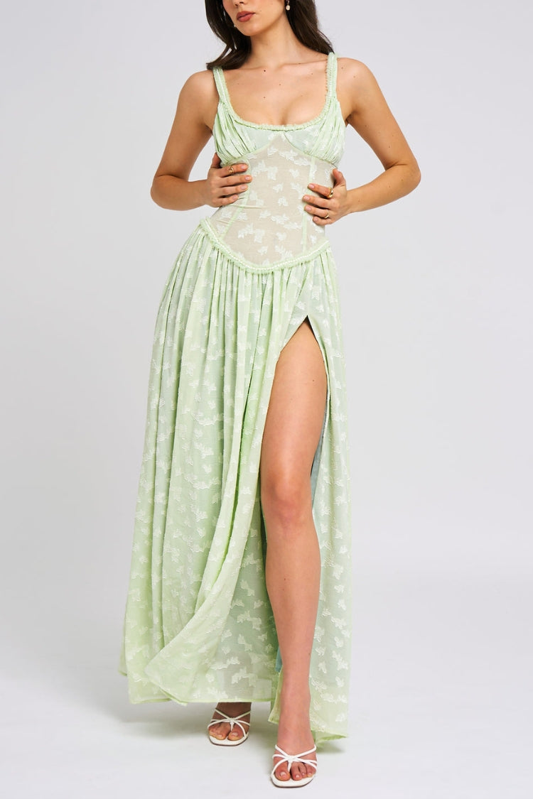 Ulissa- Soft Green Jacquard High Slit Square Neck Maxi Dress