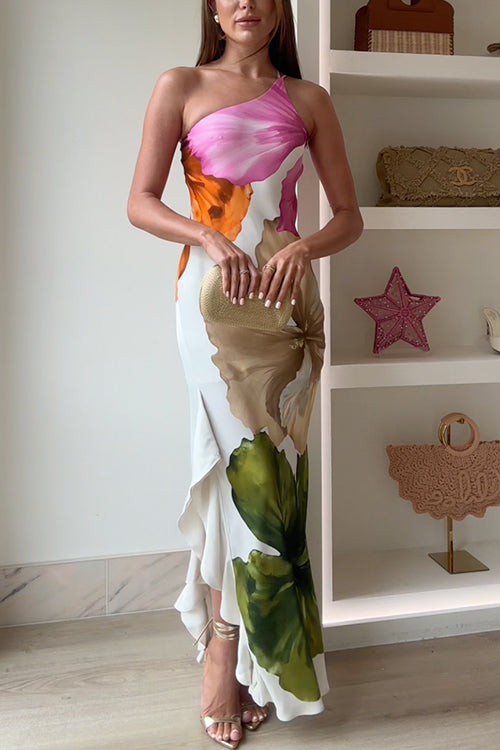 Ivy - Maxi abito monospalla con spacco laterale e volant con stampa floreale