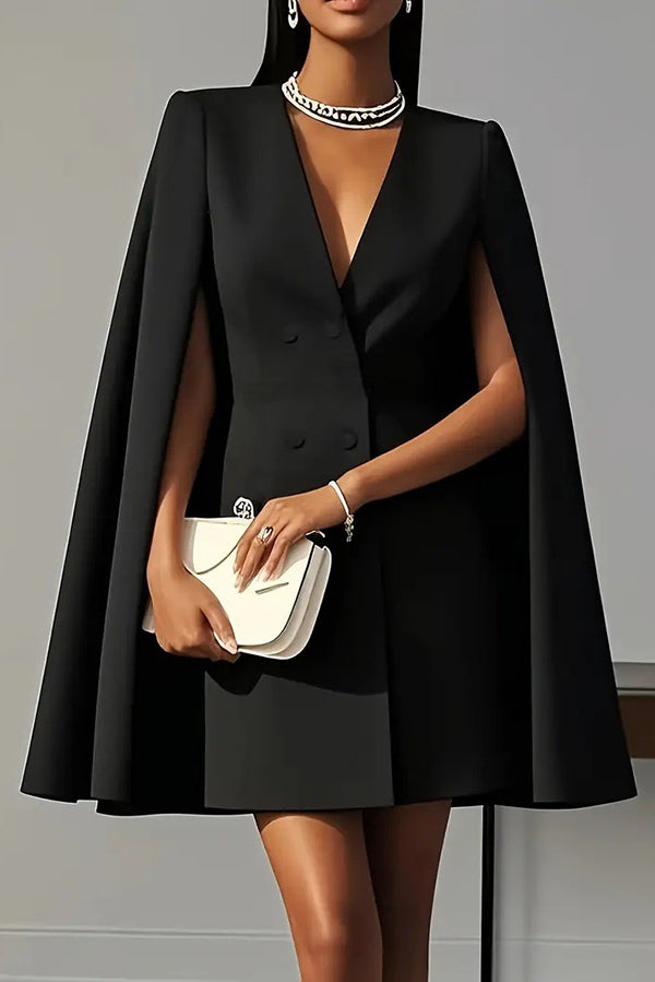 Arna - Solid Color V-Neck Double Breasted Cape Formal Mini Dress
