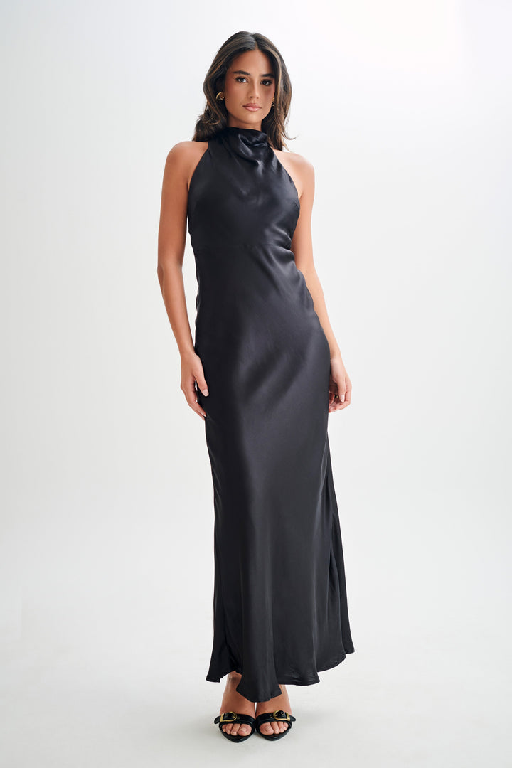 Aisha™ – Satin maxi dress with waterfall neckline
