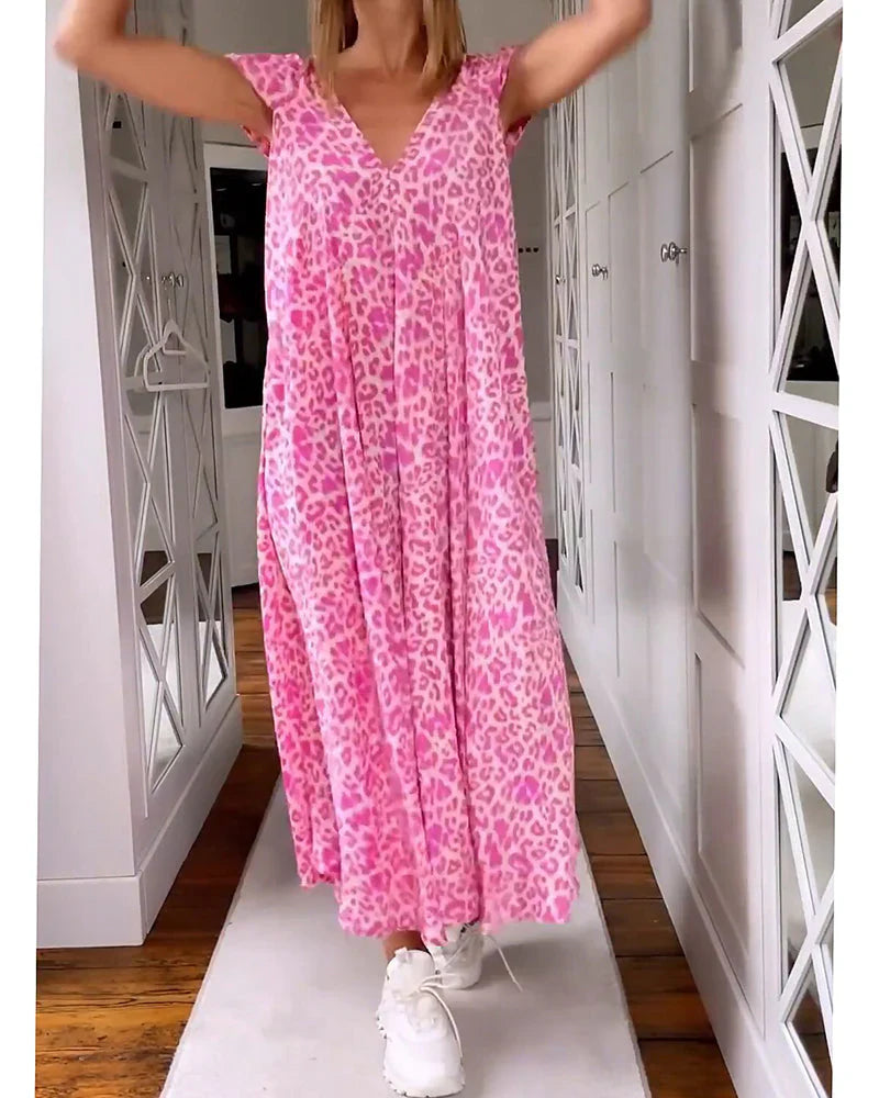 Rosma - Printed Maxi Dress with V-neck and Short Sleeves