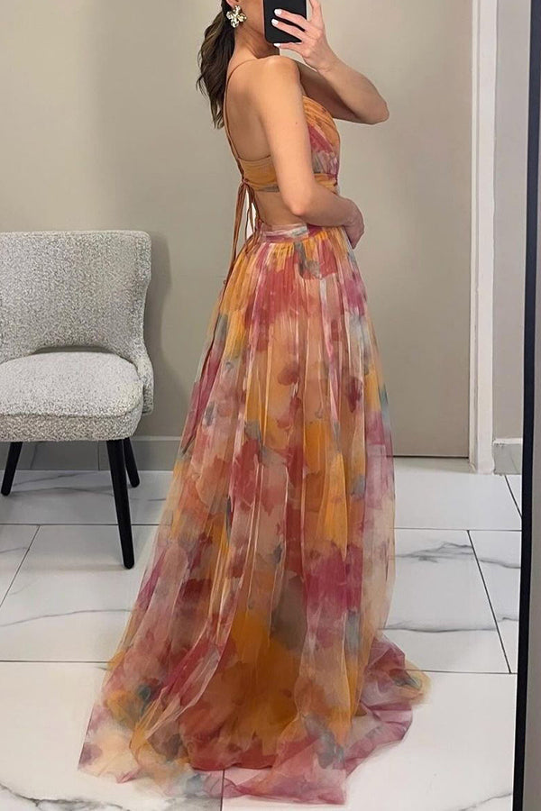 Eirith ™ | Elegant printed maxi dress with lacing