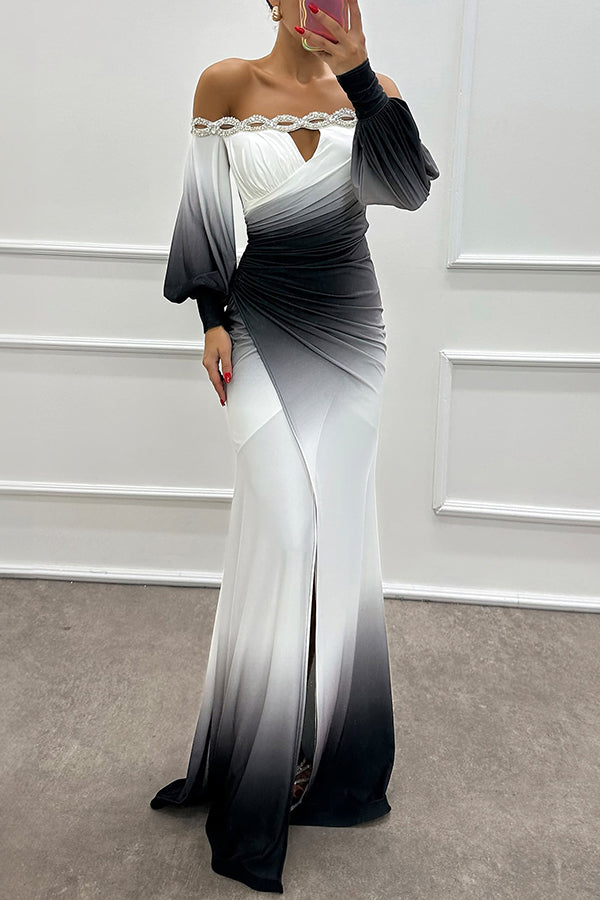 Julieta - Gradient Print Off Shoulder Gem Detail Slit Gown Maxi Dress