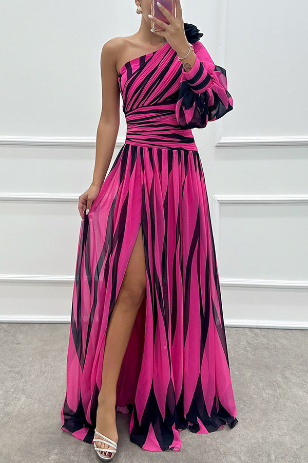 Annalise - One Shoulder Pleated Slit Maxi Dress