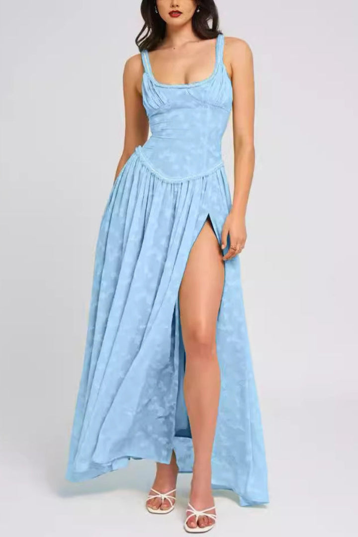 Ulissa- Soft Green Jacquard High Slit Square Neck Maxi Dress