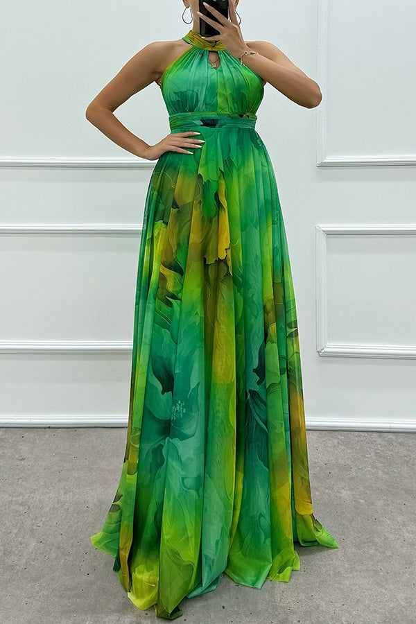 Elaine - Tulle Floral Splash Print Cutout Halter Tie-up Neck Gown Maxi Dress
