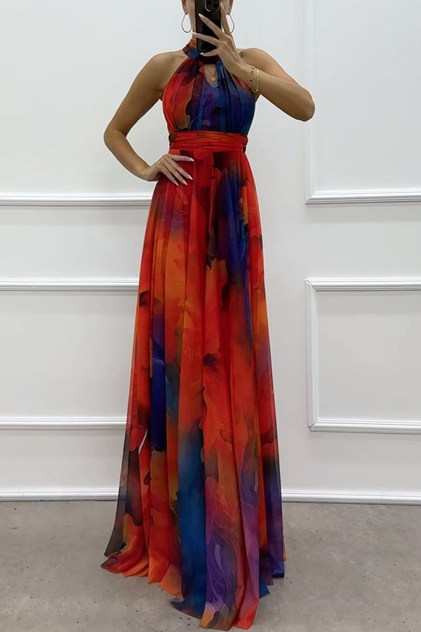 Elaine - Tulle Floral Splash Print Cutout Halter Tie-up Neck Gown Maxi Dress