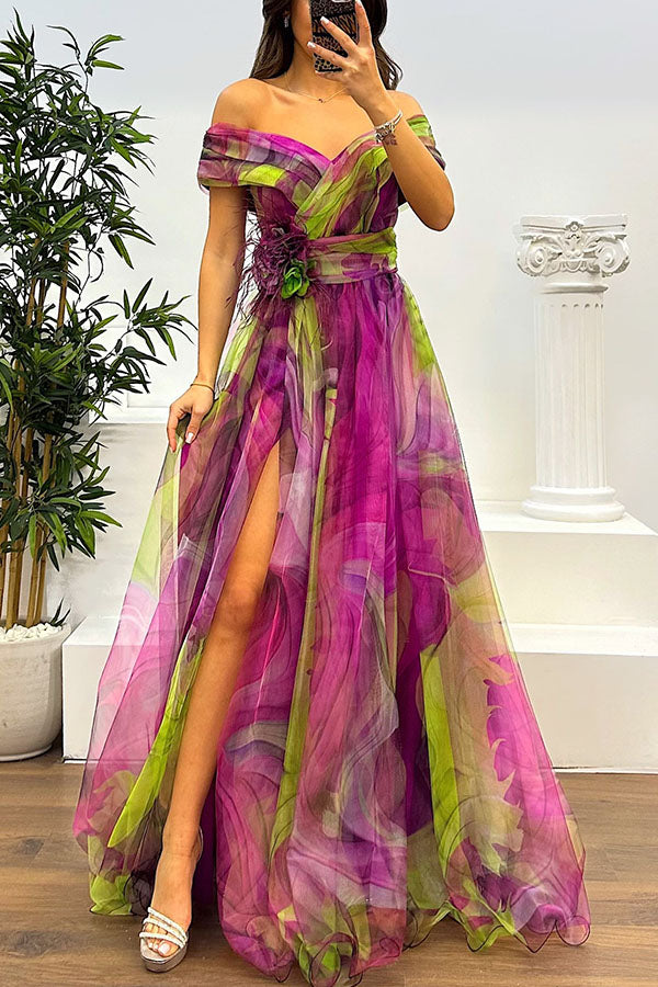 Jinnie - Tulle Floral Feather Pendant Pleated Off Shoulder Slit Maxi Dress