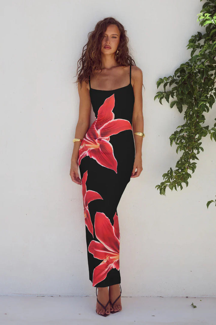 Thalina - Flower Printed Back Slit Maxi Dress
