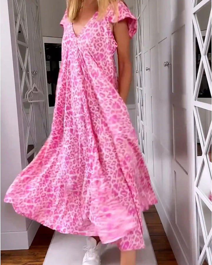 Rosma - Printed Maxi Dress with V-neck and Short Sleeves