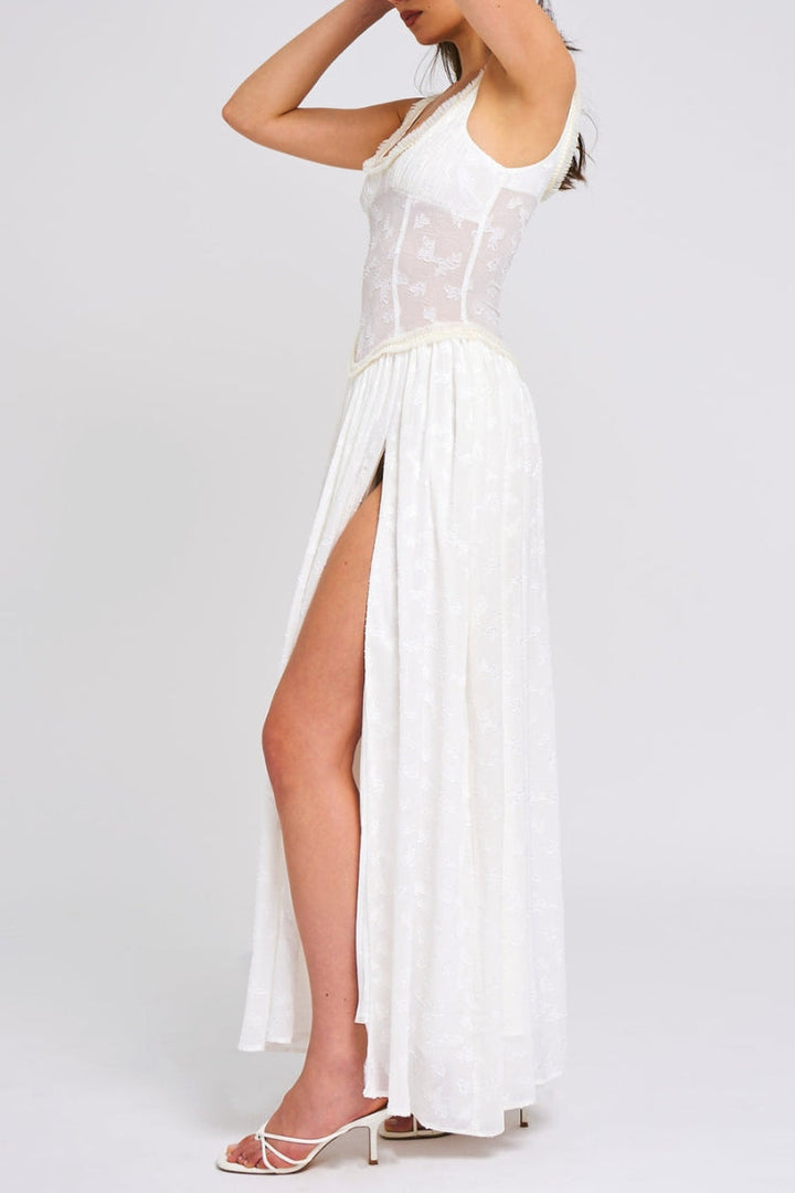Ulissa- Soft Green Jacquard High Slit Square Neck Maxi Dress