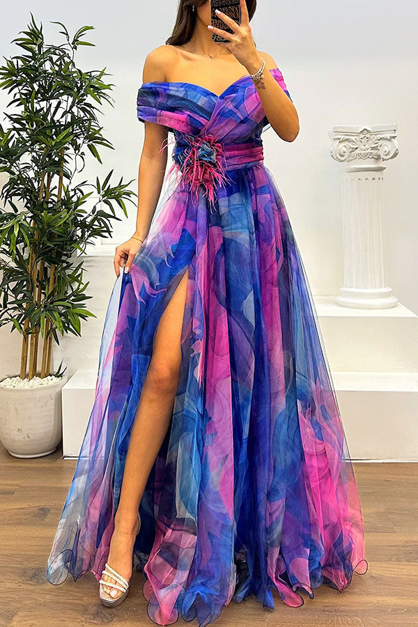 Jinnie - Tulle Floral Feather Pendant Pleated Off Shoulder Slit Maxi Dress