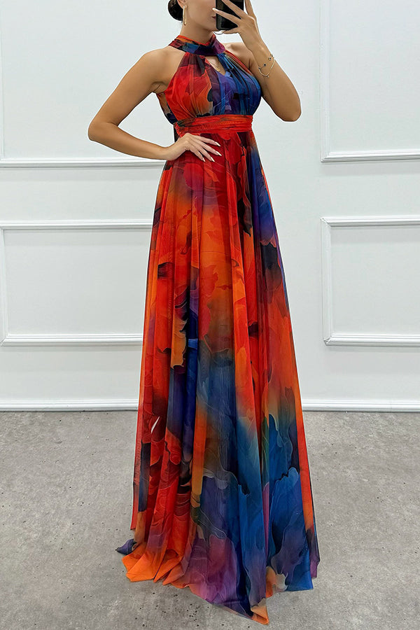 Elaine - Tulle Floral Splash Print Cutout Halter Tie-up Neck Gown Maxi Dress