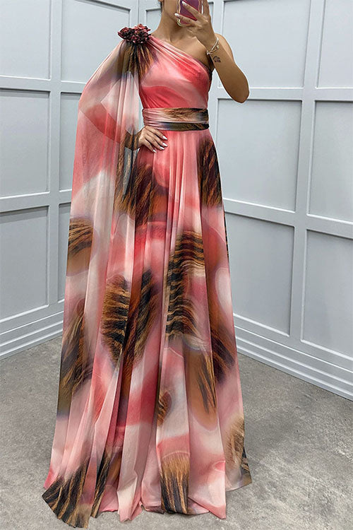 Lilliagirl-  Chiffon Printed Off-Shoulder Dress