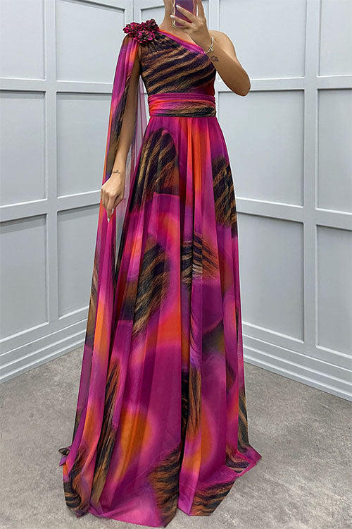 Lilliagirl-  Chiffon Printed Off-Shoulder Dress