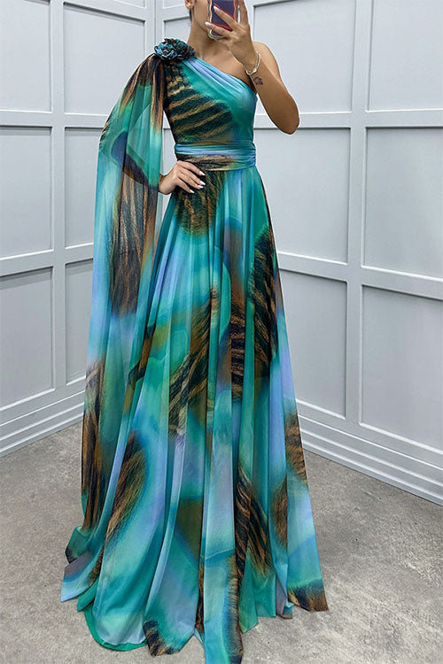Lilliagirl-  Chiffon Printed Off-Shoulder Dress