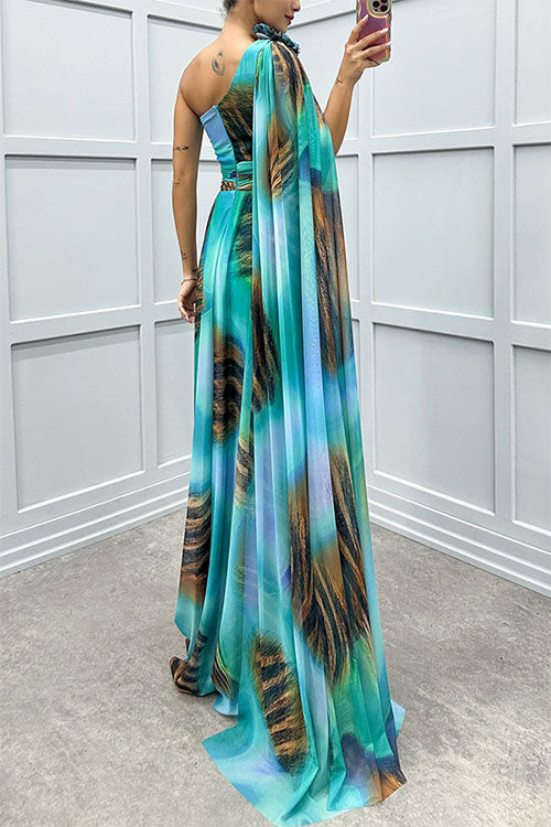 Lilliagirl-  Chiffon Printed Off-Shoulder Dress