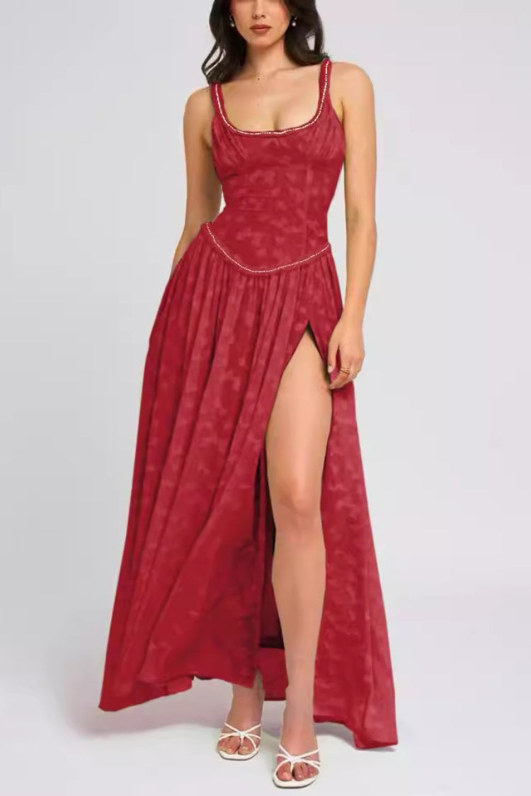 Ulissa- Soft Green Jacquard High Slit Square Neck Maxi Dress