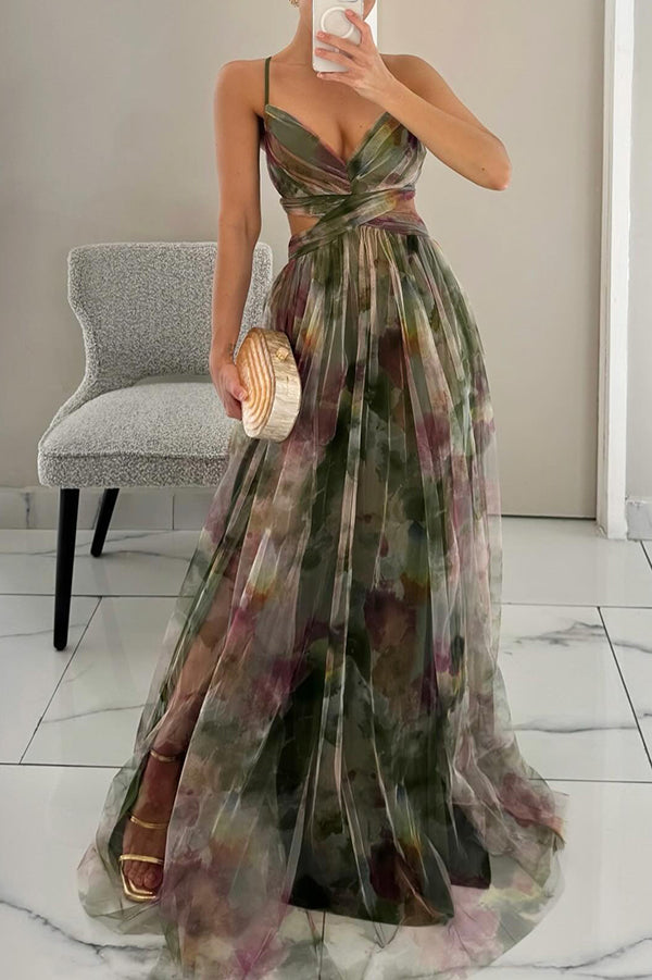 Eirith ™ | Elegant printed maxi dress with lacing