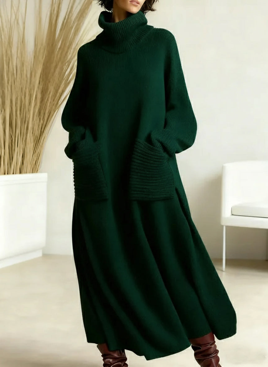 Genna - High-Neck Long-Sleeve Casual Loose Knit Dress