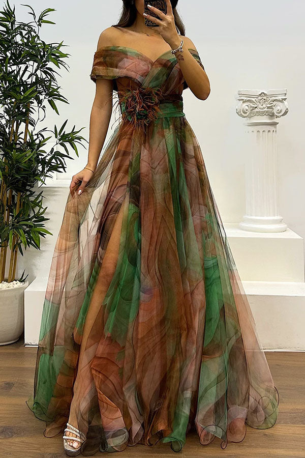 Jinnie - Tulle Floral Feather Pendant Pleated Off Shoulder Slit Maxi Dress