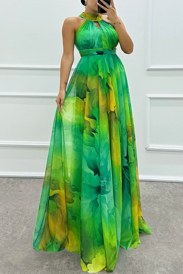 Elaine - Tulle Floral Splash Print Cutout Halter Tie-up Neck Gown Maxi Dress