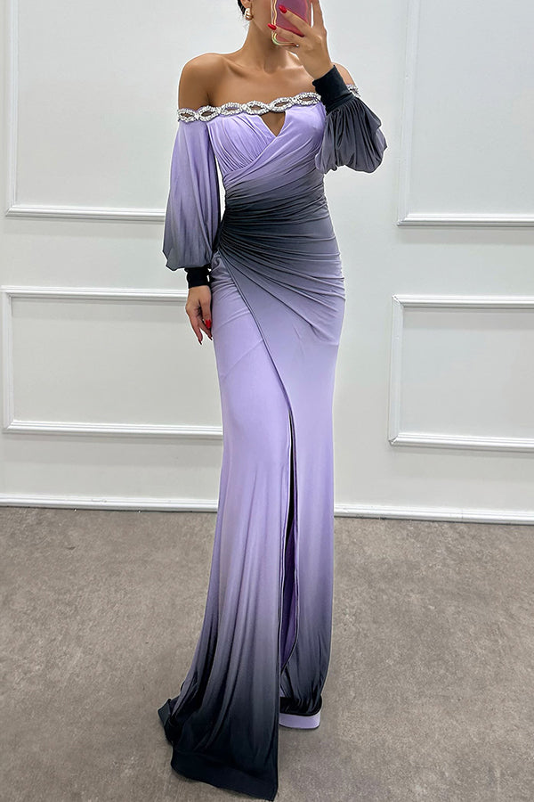 Julieta - Gradient Print Off Shoulder Gem Detail Slit Gown Maxi Dress