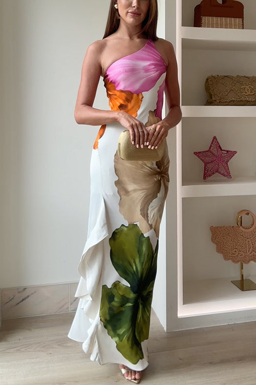 Ivy - Maxi abito monospalla con spacco laterale e volant con stampa floreale