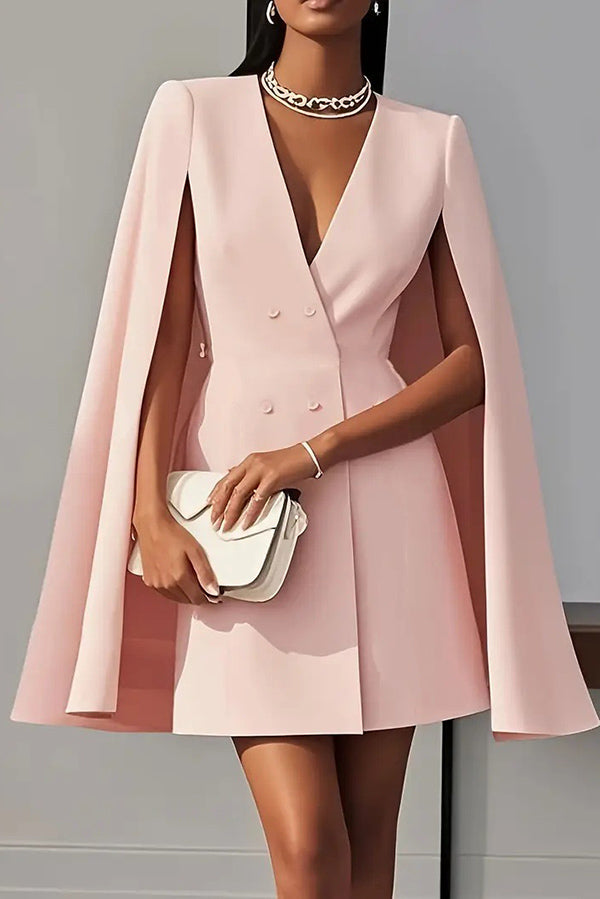 Arna - Solid Color V-Neck Double Breasted Cape Formal Mini Dress