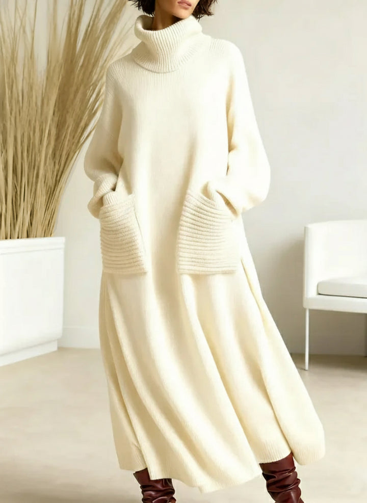Genna - High-Neck Long-Sleeve Casual Loose Knit Dress