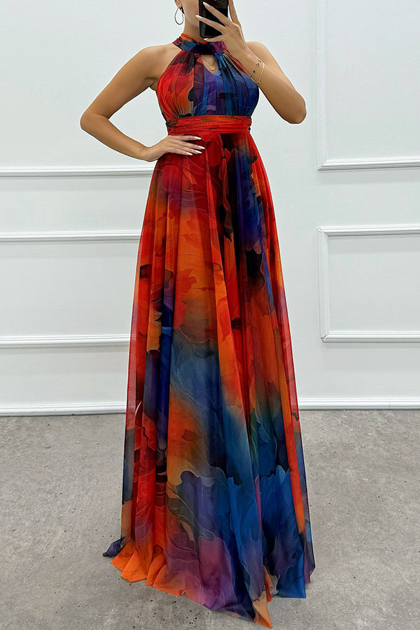 Elaine - Tulle Floral Splash Print Cutout Halter Tie-up Neck Gown Maxi Dress