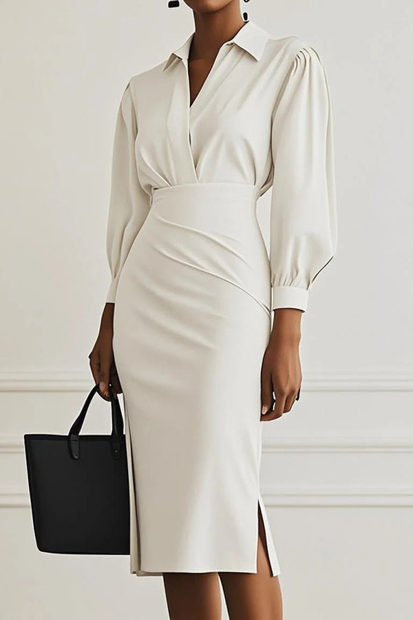 Sandra - Fashion Lapel Long Sleeve Slim Waist Midi Dress