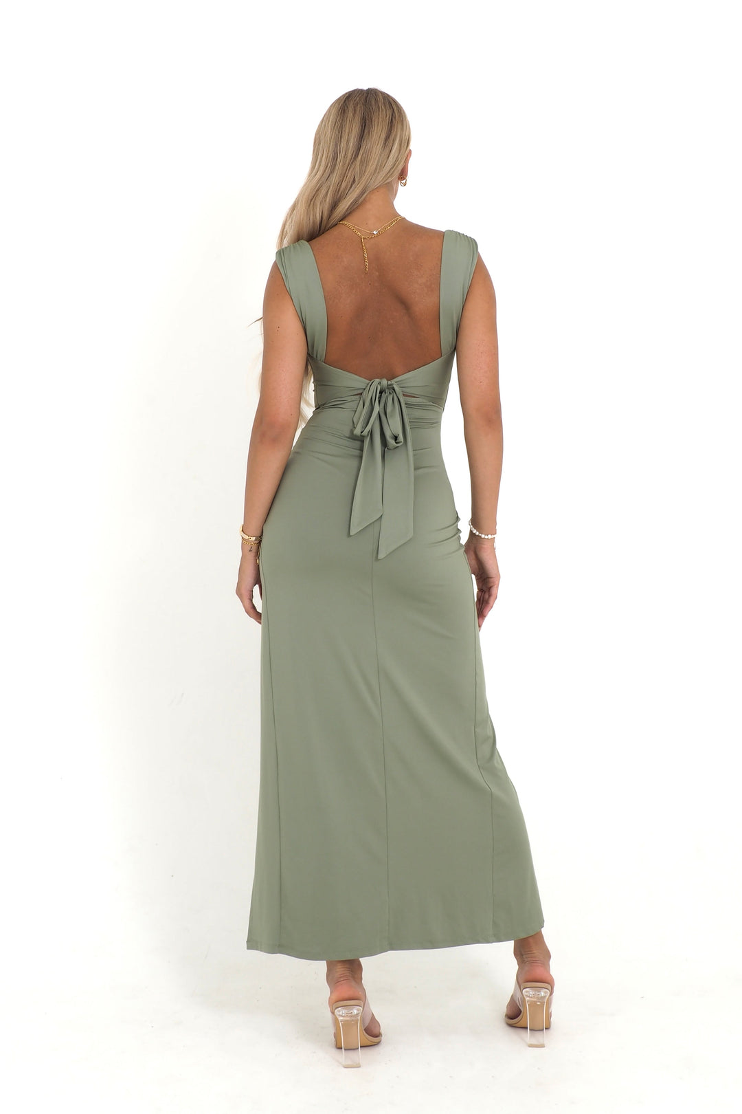 Liraea – Khaki dress with slit and knot at the back