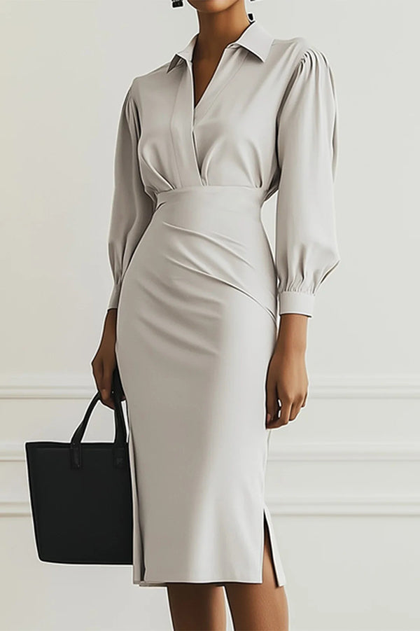 Sandra - Fashion Lapel Long Sleeve Slim Waist Midi Dress