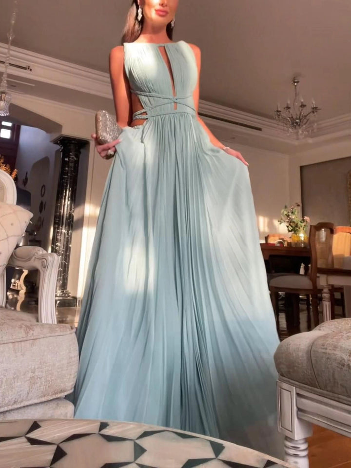 Angel-Elegant Hollow Back Sleeveless Pleated Maxi Dress