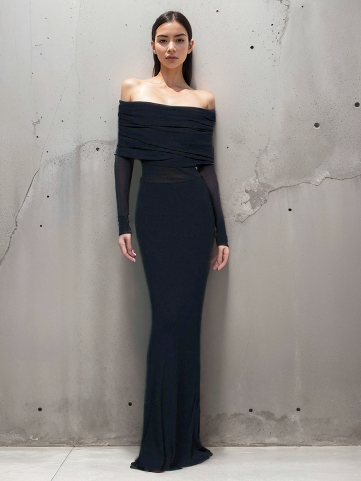 Elithra off-shoulder overfold mesh maxi dress