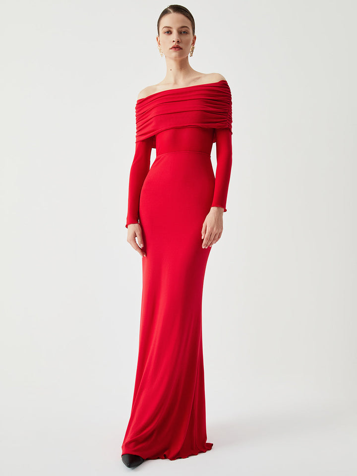 Elithra off-shoulder overfold mesh maxi dress