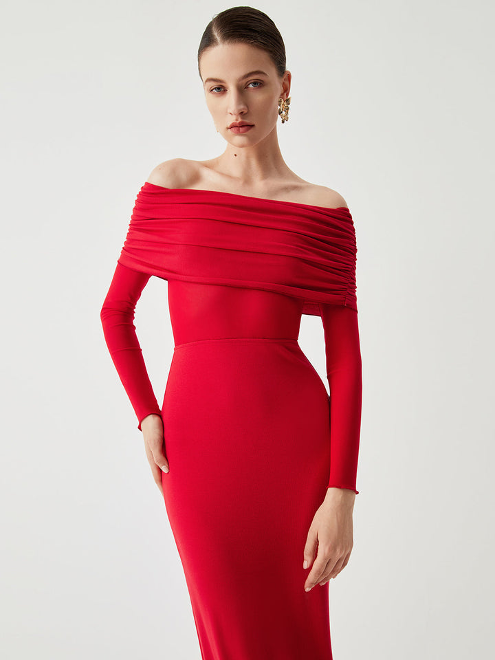 Elithra off-shoulder overfold mesh maxi dress