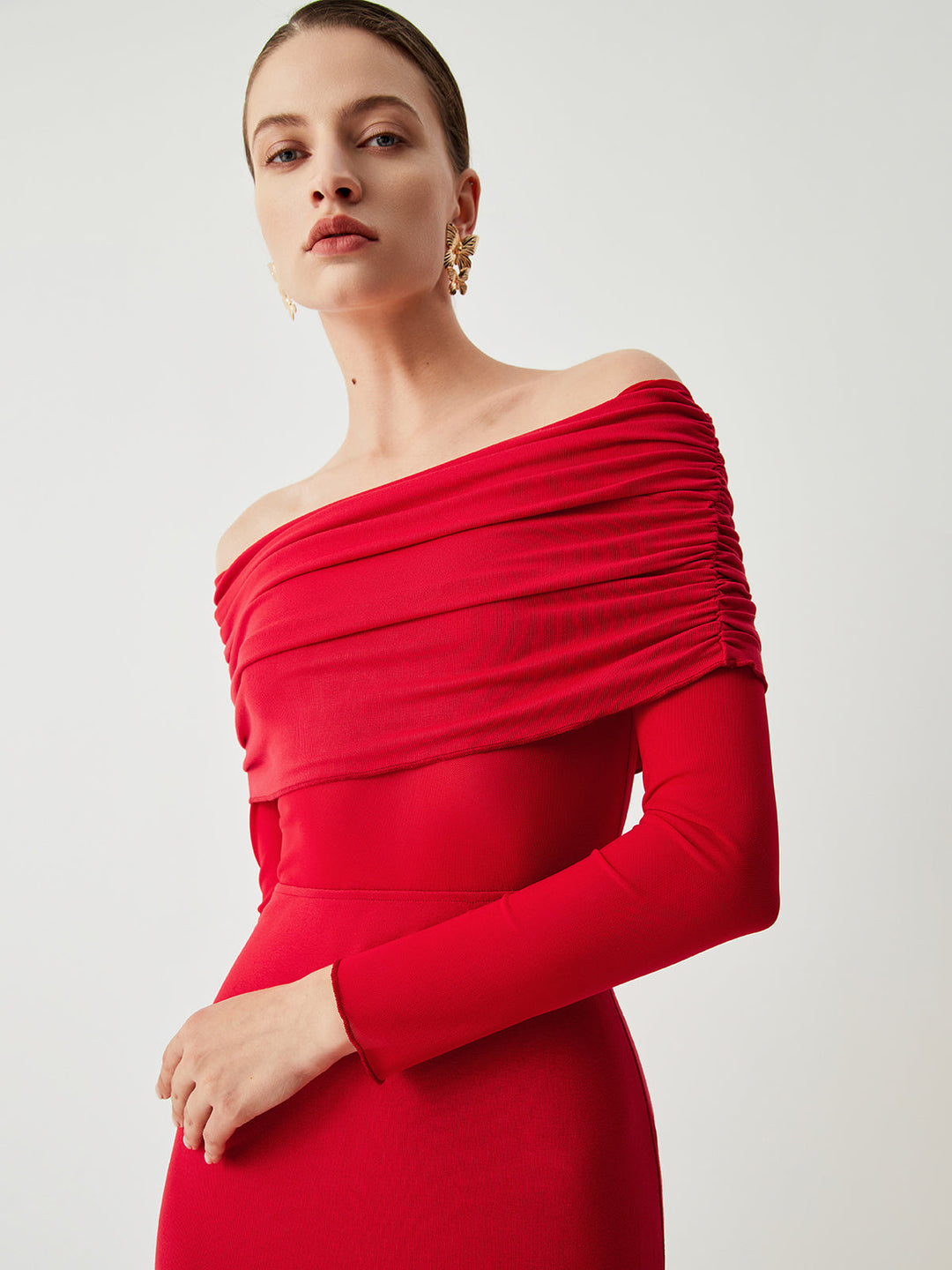 Elithra off-shoulder overfold mesh maxi dress