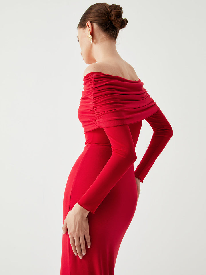 Elithra off-shoulder overfold mesh maxi dress