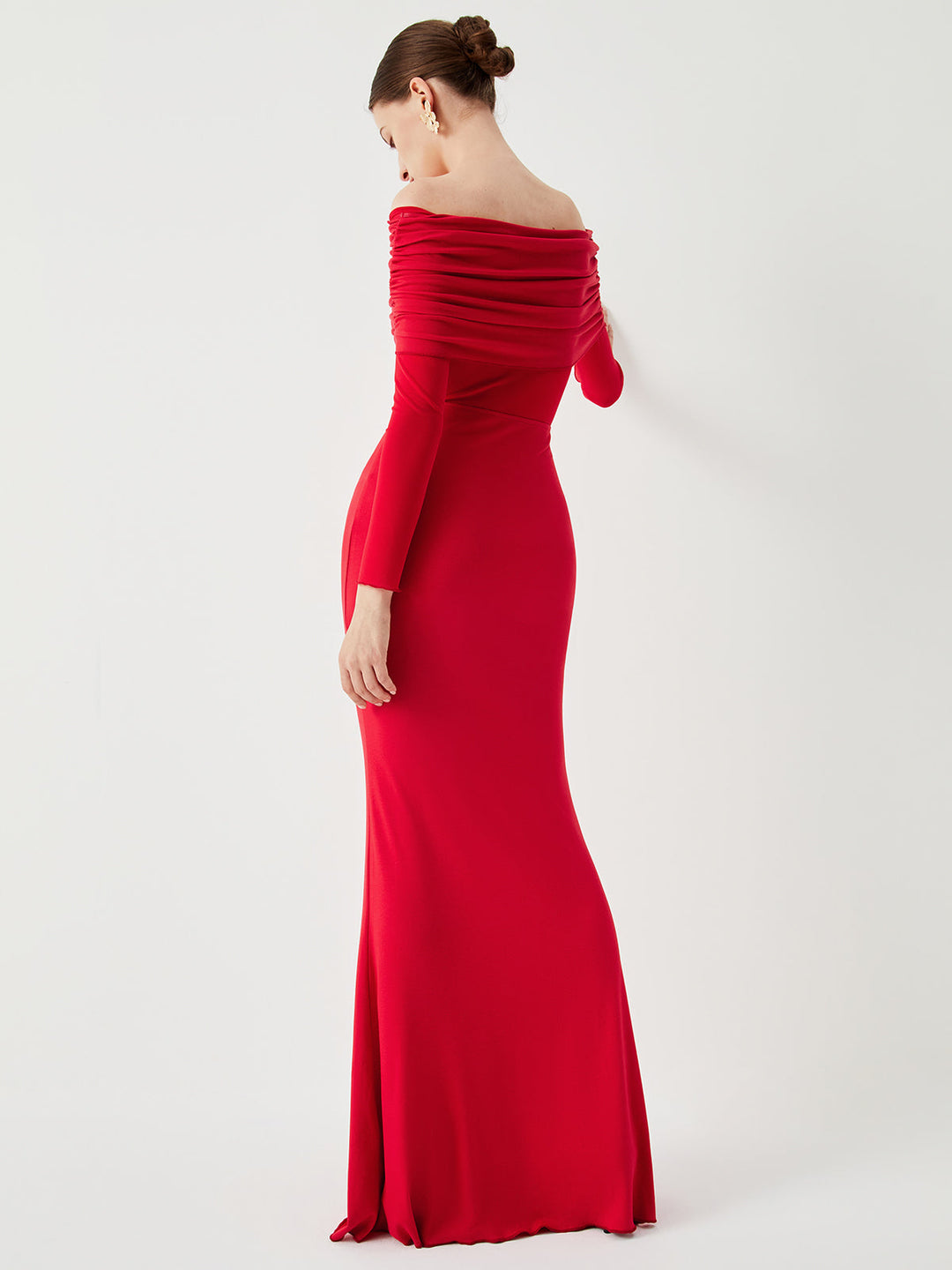 Elithra off-shoulder overfold mesh maxi dress