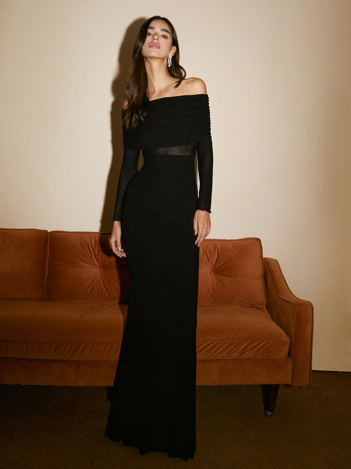 Elithra off-shoulder overfold mesh maxi dress