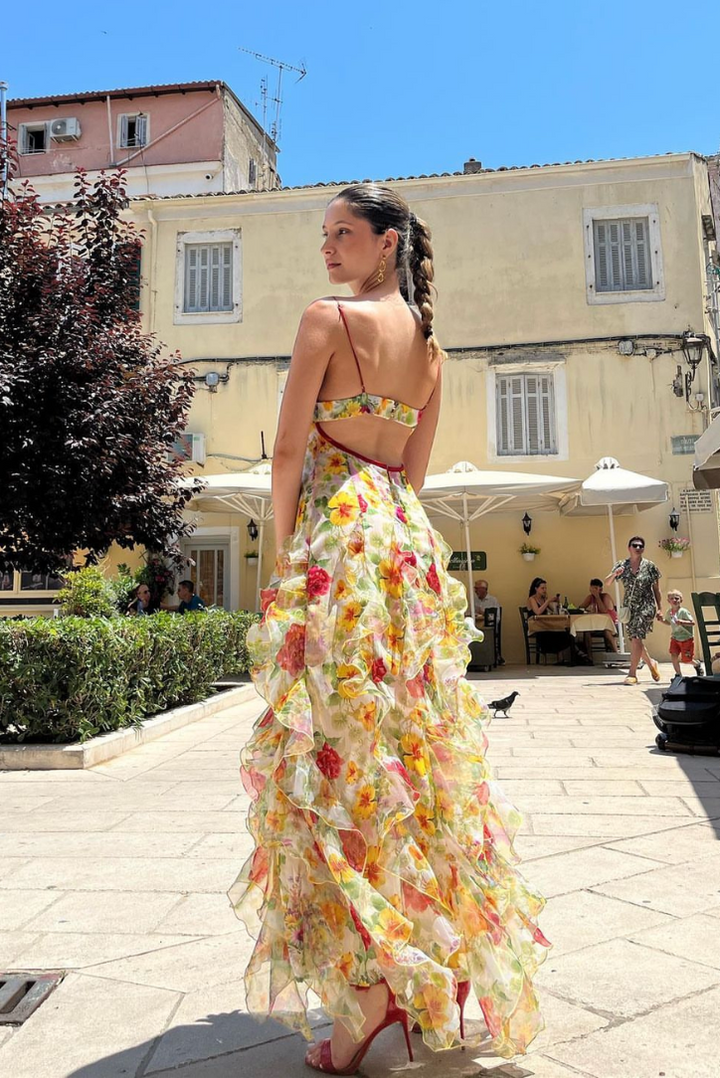 Velora ™ | Rose-print chiffon maxi dress with slit