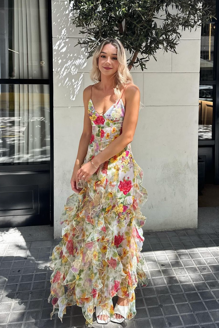 Velora ™ | Rose-print chiffon maxi dress with slit